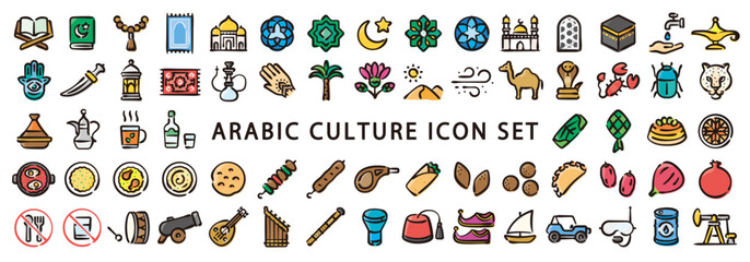Big set of arabic culture icon (Hand-drawn line, colored version)