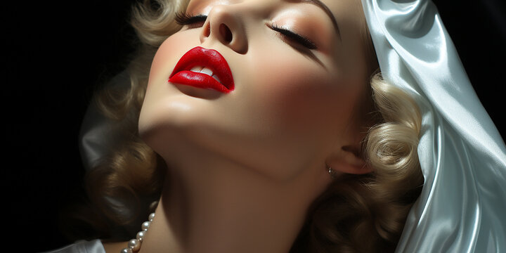 Sinnliches Erotisches Sexy rote Glanz Lippen einer Frau mit halben Gesicht Pinup als Poster Nahaufnahme, ai generativ