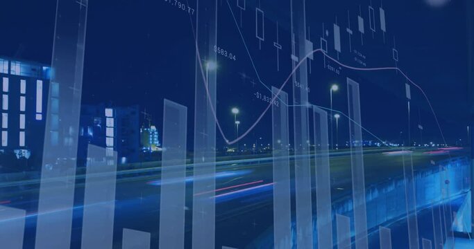 Animation of multiple graphs over time-lapse of vehicles moving on modern bridge in city at night