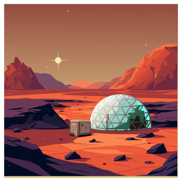 Human colony on Mars surface illustration