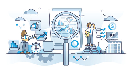 Naklejka premium Data analytics and business insights for company future outline concept. Document research for development and precise planning vector illustration. Financial statistic report and graph analysis work