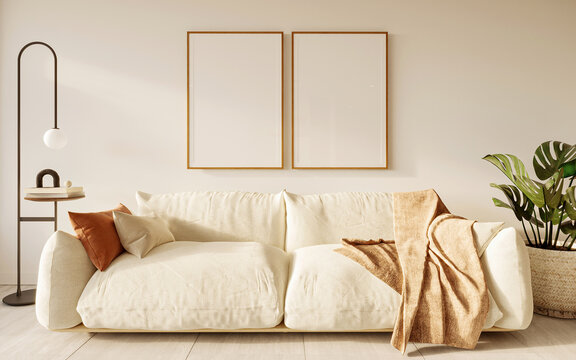 Mockup para cuadros en pared con marcos de madera, en sala estilo boho, 3d render