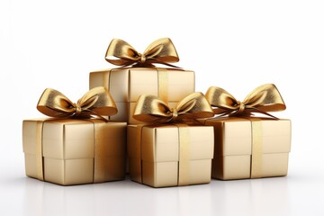 Photo of a collection of beautifully wrapped presents with golden bows created with Generative AI technology