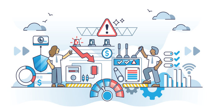 Risk management control panel for effective danger monitoring outline concept. Technology automation to reduce issues or overview critical process vector illustration. Identify problem in early stage