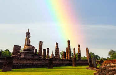 Wat Mahathat  Buddhist temple in Sukhothai historical park. UNESCO and World Heritage Site. Culture and vacation concept.