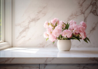 Obraz na płótnie Canvas Beautiful flowers in vase on windowsill in kitchen