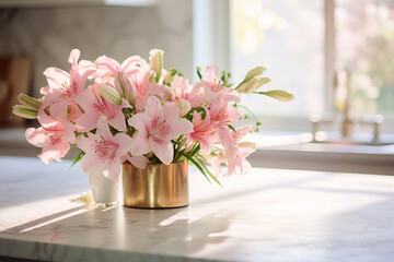 Beautiful pink flowers  on a kitchen table