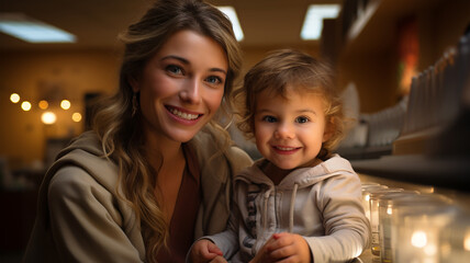 Obraz premium Radiant Motherhood: A Joyful Woman and Child at the Pediatric Clinic