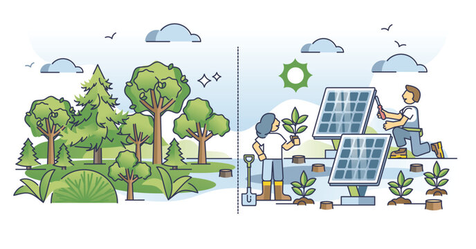 Climate change and conservation with green forest planting outline concept. Sustainable energy with solar panels as nature friendly alternative vector illustration. Forestation to control carbon.