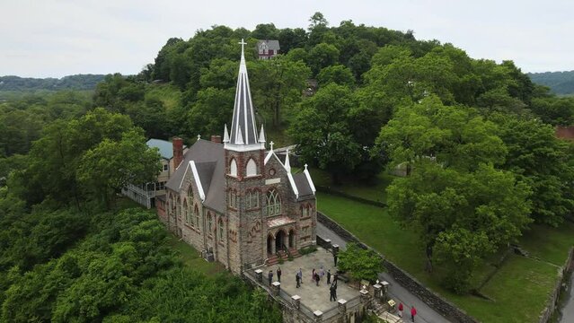 Aerial view of Harpers Ferry along the Potomac river, West Virginia, United States.