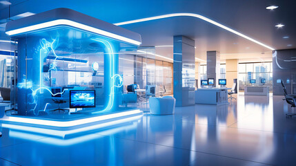 Futuristic office lobby with interactive displays