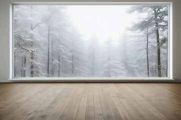 Papier Peint photo autocollant Gris foncé Empty bright show room with a large panorama window, white walls and wooden floor. Background view of winter landscape outside. Interior concept, Scandinavian style. AI generated illustration.