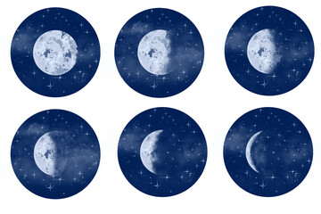 Moon Phases Illustrations, Full Moon, Waning Gibbous, Waning Crescent, Crescent Moon, Waxing, Blue Background, Mist and Stars