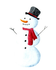 Watercolour snowman illustration for greeting cards, decoration, holiday design, prints, poster.