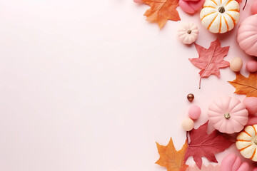 pink pastel pumpkins with fall leaves on soft colored ground with space for text, soft pink fall background - obrazy, fototapety, plakaty