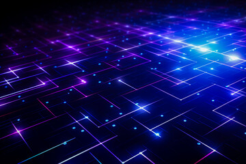 Abstract blue and purple illuminated lines and dots, neon texture on dark technology background. Digital data visualization. Tech, business, science concept. AI generated illustration.