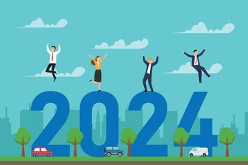 Happy people jumping on huge 2024 new year numbers 2d vector illustration concept for banner, website, landing page, flyer, etc