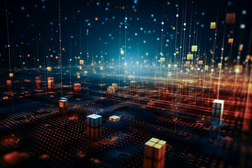 Fototapeta premium Abstract colorful illuminated circles, dots and lines on dark technology background. Digital data visualization. Tech, business, science concept. AI generated illustration.