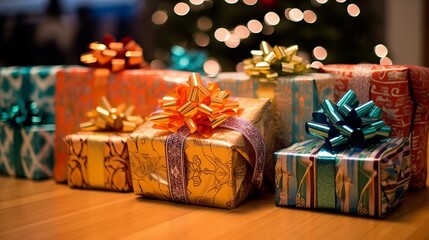 Photo of colourful wrapped Christmas presents with ribbon bows on a rustic wooden table created with Generative AI technology