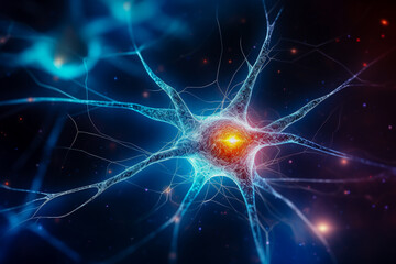 Fototapeta premium Glowing neuron cells and synapses building a neural network, human nervous system. Blurred dark background. AI generated illustration. Medicine and science concept.