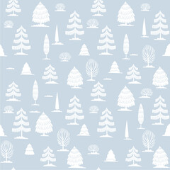 Christmas tree seamless pattern. Winter forest hand drawn Noel print, New year holidays decoration, blue background with fir tree, wallpaper, wrapping paper design, decor, gift wrap.