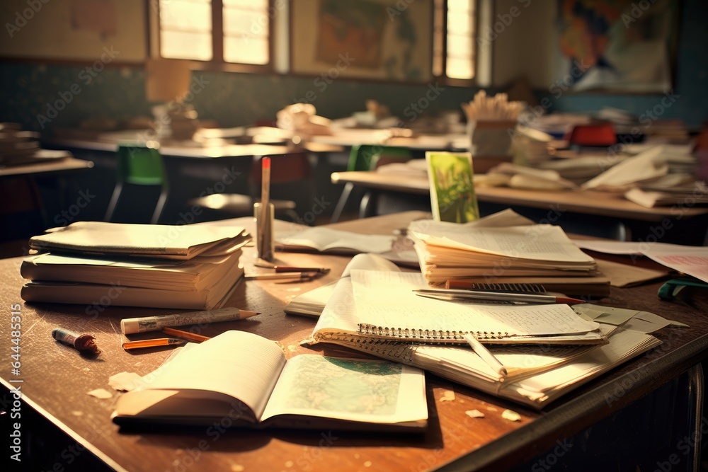 Aufkleber tables in the school classroom with notebooks and textbooks.
