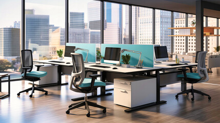 Dynamic office workspace with height-adjustable desks - obrazy, fototapety, plakaty