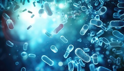 Close up macro details of red blue microbes molecules virus bacteria. Coronavirus outbreak COVID-19. Medicine concept