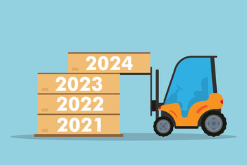 Forklift stacks 2024 new year numbers on top of 2021 to 2023 containers 2d vector illustration concept for banner, website, landing page, flyer, etc