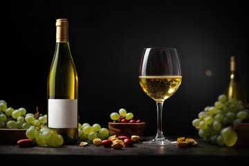 Wine glass of white wine, wine bottle and grapes on black background. Commercial promotional photo	