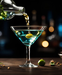 Pouring Martini into the glass on dark background. Commercial promotional photo