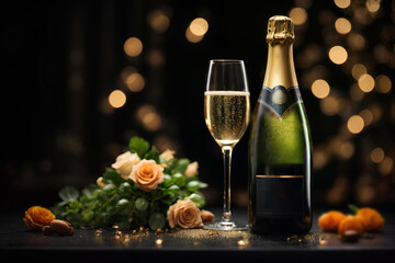 Glass of Champagne and Champagne bottle on dark background with bokeh. Commercial promotional photo