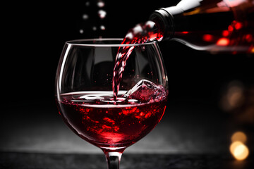 Pouring red wine into the glass on black background. Commercial promotional photo