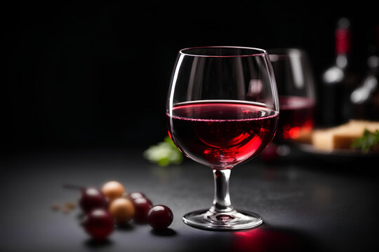 Red wine in wine glass and grapes on black background. Commercial promotional photo	