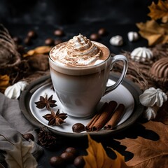 Autumn still life cup of latte coffee with whipped cream foam, star anise on a saucer, corian sticks, marshmallows