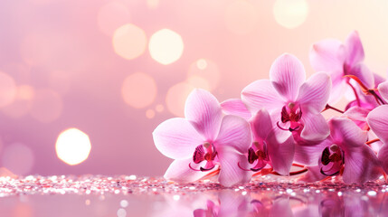 Close up of purple orchid branch on a pink sparkling background. Beautiful bokeh, copy space.