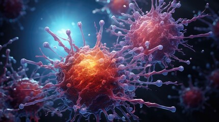 Obraz premium Close up macro details of red blue microbes molecules virus bacteria. Coronavirus outbreak COVID-19. Medicine concept