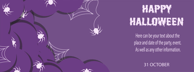 Creepy Halloween Sale banner with cartoon spider, web in cut out paper style. Design of party invitation Halloween poster, card, banner cover in trendy style. Vector illustration.