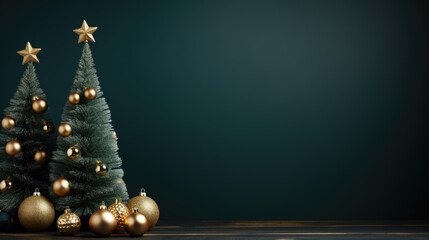 Green christmas background with xmas tree, decoration and large empty space for text