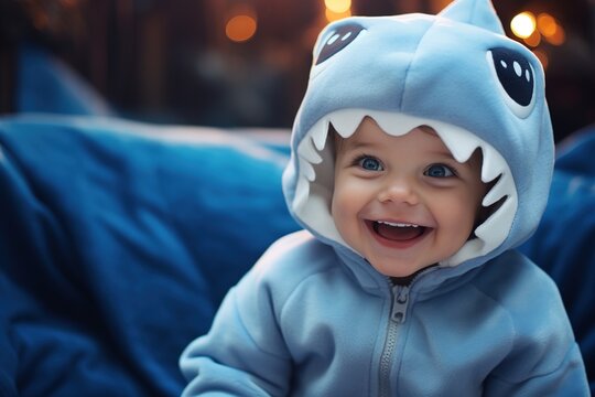 A baby dressed in a shark costume for Halloween.