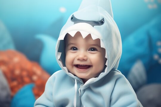 A baby dressed in a shark costume for Halloween