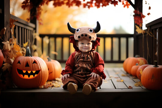 A baby in a bull costume sits in the yard during Halloween