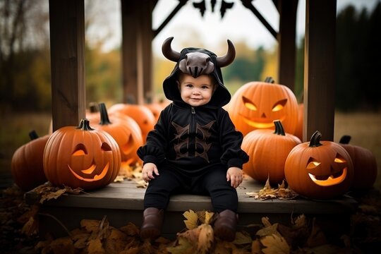 A baby in a bull costume sits in the yard during Halloween