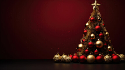 Fototapeta na wymiar Christmas tree on dark red background with large empty space for text