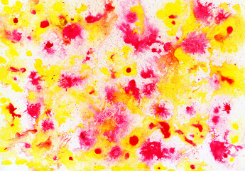 Obraz na płótnie Canvas Watercolor illustration. Abstract yellow und red color background. Hand painting. Color splash on paper. Watercolour texture. Creative modern banner. Bright paint splatter. Colorful blotch and dap