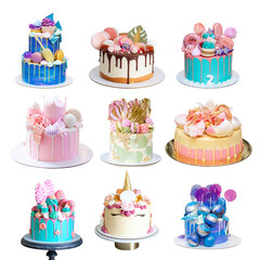 Set of different delicious cakes isolated on white, png. Cakes with unicorn, fondant crown,...