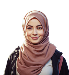 Portret uśmiechniętej islamskiej kobiety. Zagraniczna studentka. Izolowana, transparentne tło.  - obrazy, fototapety, plakaty