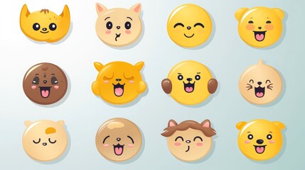 Naklejka premium Set of cartoon faces expressions, face emojis, stickers, emoticons, cartoon funny mascot characters face set
