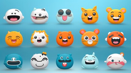 Fototapeta premium Set of cartoon faces expressions, face emojis, stickers, emoticons, cartoon funny mascot characters face set
