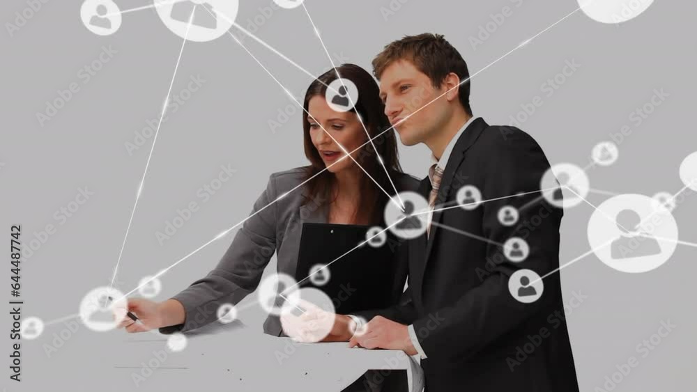 Poster Animation of profile icons on diverse businessman businesswoman discussing over invisible screen